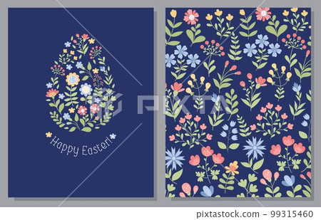 Floral Easter egg with Happy Easter greetings. Collection vertical cards with floral pattern on blue background. Vector illustration in flat style. Floral Easter egg with Happy Easter greetings. Collection vertical cards with floral pattern on blue background. Vector illustration in flat style. 99315460