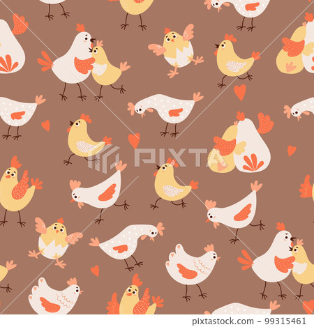Seamless pattern with domestic farm birds. Funny rooster with hen and little chick in eggshell on brown background. Vector illustration for kids collection, textile, packaging, design and wallpaper. 99315461