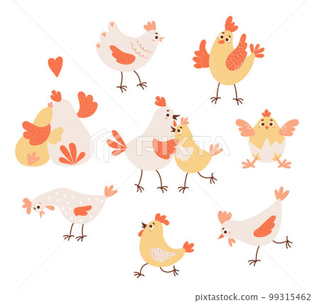 Collection of domestic birds. Cute rooster, hen and little chick in eggshell. Vector illustration. Isolated farm birds for design, decor, kids collection Collection of domestic birds. Cute rooster, hen and little chick in eggshell. Vector illustration. Isolated farm birds for design, decor, kids collection 99315462