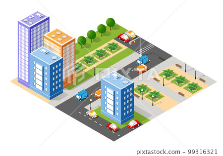 Isometric 3D illustration of the city quarter with houses, 99316321