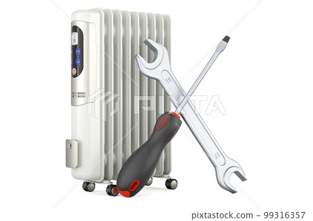 Electric oil heater with screwdriver and wrench, 3D rendering Electric oil heater with screwdriver and wrench, 3D rendering 99316357