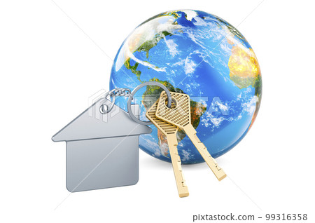 Home key with keychain with Earth Globe, 3D rendering Home key with keychain with Earth Globe, 3D rendering 99316358