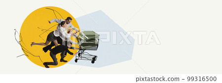 Tasks. Contemporary art collage. Group of employees pushing trolley with documents. Working routine, deadlines, projects to finish 99316500