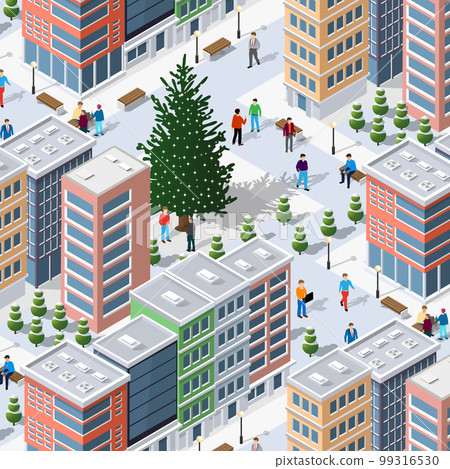 An isometric 3D illustration of a winter city, comprising houses An isometric 3D illustration of a winter city, comprising houses 99316530