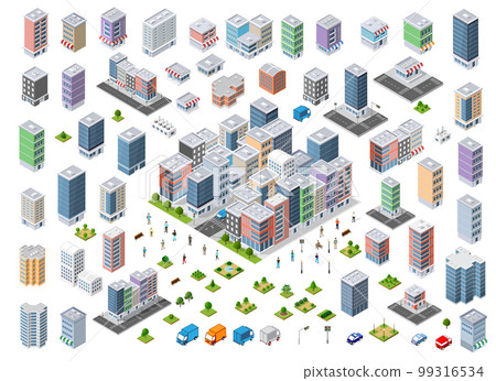 There set are many urban 3D buildings in different 99316534