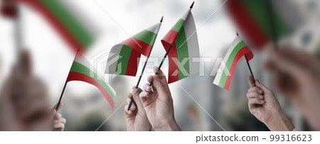 A group of people holding small flags of the Bulgaria in their hands 99316623