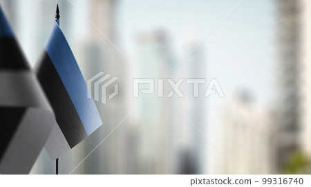 Small flags of the Estonia on an abstract blurry background 99316740