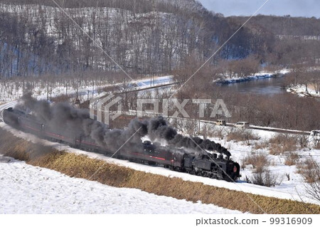 A steam locomotive going through Kushiro Wetland in sunny winter 99316909