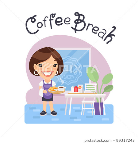 Coffee Break Lettering with Cartoon Waitress 99317242