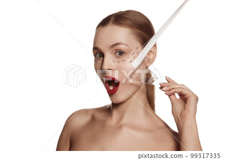 Beautiful female face with lifting up arrows isolated on white background. Concept of bodycare, cosmetics, skincare, correction surgery, beauty and perfect skin. Lifting, antiaging concepts. 99317335
