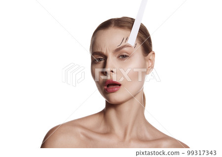 Beautiful female face with lifting up arrows isolated on white background. Concept of bodycare, cosmetics, skincare, correction surgery, beauty and perfect skin. Lifting, antiaging concepts. 99317343