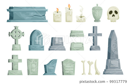 Grave tombstones. Halloween graveyard. Gravestone tombs. Stone memorial cross. Creepy black rip. Horror gothic cemetery isolated elements set. Candles and skull. Vector cartoon garish illustration 99317779