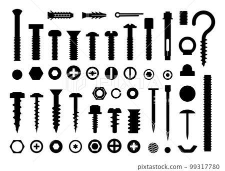 Screw tools set, bolt and nail nut. Hook and fastener, carpenter icons, building drill, clincher, business construction. Flat isolated elements for building. Vector black silhouette utter collection 99317780