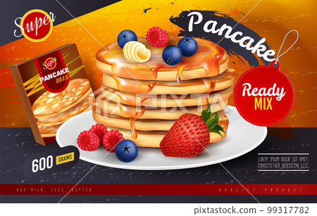 Sweet pancakes. Honey baking food ad box. Advertising of waffle with butter and fruits. Bakery snacks stack on plate. Fresh berries. Dessert cooking dough mix. Vector realistic exact template design Sweet pancakes. Honey baking food ad box. Advertising of waffle with butter and fruits. Bakery snacks stack on plate. Fresh berries. Dessert cooking dough mix. Vector realistic exact template design 99317782