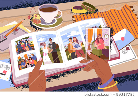 Memory photo book. Woman hands hold photographs. Snapshots album. Image creation with coffee on table. Family photoalbum. Female notes in pictures. Desk top view. Vector illustration exact concept Memory photo book. Woman hands hold photographs. Snapshots album. Image creation with coffee on table. Family photoalbum. Female notes in pictures. Desk top view. Vector illustration exact concept 99317785