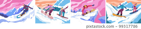 Winter snowboard sport, athlete characters scene. Slides with snow landscape, freeride on downhill. Extreme lifestyle. Young men and woman activity. Snowboarding team vector cartoon exact illustration 99317786