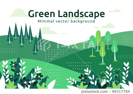 Forest plants. Trees on hills. Green minimal background. Nature panorama. Flowers and leaves. Garden in ecosystem. Gradation of sky. Summer landscape. Environment scenery. Vector flat garish poster Forest plants. Trees on hills. Green minimal background. Nature panorama. Flowers and leaves. Garden in ecosystem. Gradation of sky. Summer landscape. Environment scenery. Vector flat garish poster 99317794