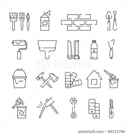 Carpentry tool icons. House renovate. Paint bottle. Spatula and bucket. Painter line symbols. DIY wall equipment. Building makeover. Brush and roller for decorator. Vector outline pictogram garish set Carpentry tool icons. House renovate. Paint bottle. Spatula and bucket. Painter line symbols. DIY wall equipment. Building makeover. Brush and roller for decorator. Vector outline pictogram garish set 99317796