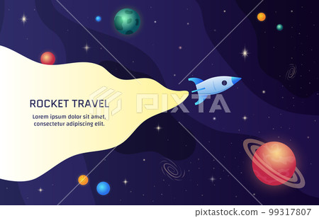 Space background, galaxy with stars and planets, rocket ship in universe. Future shapes, sky science travel for child, flight adventures. Poster and banner template. Vector cartoon utter background 99317807