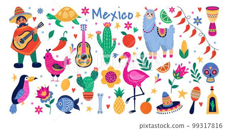 Mexico celebrate symbols. Mexican musician. Guitar and sombrero. Desert cactus. Ethnic fish and turtle. Floral holiday party or travel nature elements set. Funny llama. Vector doodle tidy illustration Mexico celebrate symbols. Mexican musician. Guitar and sombrero. Desert cactus. Ethnic fish and turtle. Floral holiday party or travel nature elements set. Funny llama. Vector doodle tidy illustration 99317816