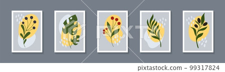 Abstract flower posters, contemporary art. Minimal plant leaf, floral summer garden, simple minimalist shapes. Olive branch and red berries. Botanical garden cards. Vector design tidy background Abstract flower posters, contemporary art. Minimal plant leaf, floral summer garden, simple minimalist shapes. Olive branch and red berries. Botanical garden cards. Vector design tidy background 99317824