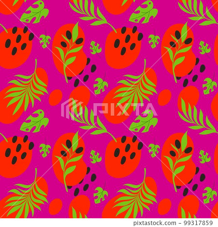 Abstract tropical pattern, artistic print. Oriental flowers, vintage brushstroke leaf, summer craft textile. Bright colors. Decor textile, wrapping paper, wallpaper. Vector seamless tidy background 99317859