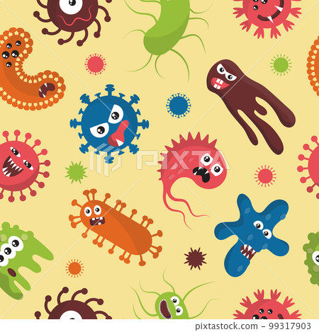 Virus germ. Funny bacteria pattern. Comic Covid influenza characters. Cute microbe faces. Happy and smile pathogen cells. Angry coronavirus monsters. Vector seamless current microbiology background Virus germ. Funny bacteria pattern. Comic Covid influenza characters. Cute microbe faces. Happy and smile pathogen cells. Angry coronavirus monsters. Vector seamless current microbiology background 99317903