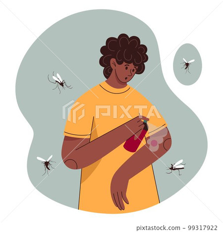 Mosquito bite. Male character spraying repellent aerosol. Flying gnats. Hot bugs. Person in summer. Man safety at season. Insect sting. Dengue malaria. Bloodsucker wound. Vector flat tidy concept 99317922