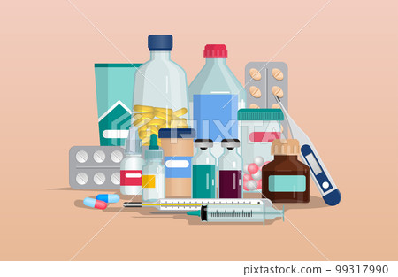 Medical drug. Pharmacy bottles. Pills blisters. Prescription pharmaceutical antibiotics. Aspirin or vitamin capsules. Healthcare and medicine. Remedy glass ampoule. Vector illustration current concept Medical drug. Pharmacy bottles. Pills blisters. Prescription pharmaceutical antibiotics. Aspirin or vitamin capsules. Healthcare and medicine. Remedy glass ampoule. Vector illustration current concept 99317990