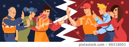 Group conflict. Communication disagreements. Rivals two teams fight. People dispute. Society political power. Upset men and women quarreling. Social confrontation split. Vector cartoon illustration Group conflict. Communication disagreements. Rivals two teams fight. People dispute. Society political power. Upset men and women quarreling. Social confrontation split. Vector cartoon illustration 99318001