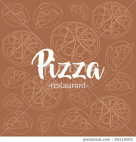 One line pizza. Hand drawn fast food. Restaurant or cafe logotype. Drawing card or poster with text. Continuous lines snack, product packaging design. Label or emblem. Vector outline illustration 99318005
