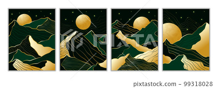 Mountains posters. Green and gold foil luxury backgrounds. Line glitter abstract forest, golden modern mural, sun and rock peaks, wallpaper and wall art, prints for textile. Vector garish illustration 99318028