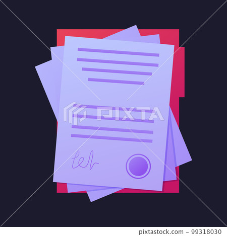 Document form. Paper report file. Contract pages with signature and seal. Business agreement or checklist sheets. Folder for paperwork. Law work. Office bureaucracy. Vector flat recent illustration 99318030