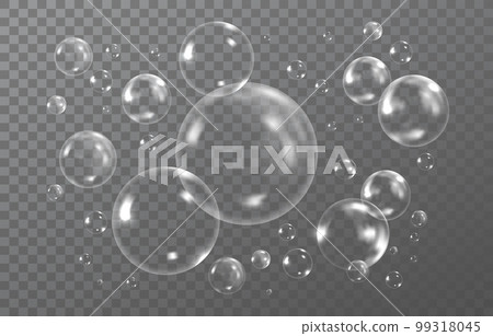 Transparent 3d water soap, foam air bubbles. Realistic circle wash balls drops, liquid reflection, dreamy glossy spheres. Laundry detergent. Vector abstract neoteric illustration isolated background Transparent 3d water soap, foam air bubbles. Realistic circle wash balls drops, liquid reflection, dreamy glossy spheres. Laundry detergent. Vector abstract neoteric illustration isolated background 99318045