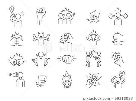Angry people fight. Fist punch. Thin line symbols. Frustrated persons. Crazy stress icons. Aggressive or anger man yell. Strength impact. Hands bump. Control of emotions. Vector recent pictograms set Angry people fight. Fist punch. Thin line symbols. Frustrated persons. Crazy stress icons. Aggressive or anger man yell. Strength impact. Hands bump. Control of emotions. Vector recent pictograms set 99318057