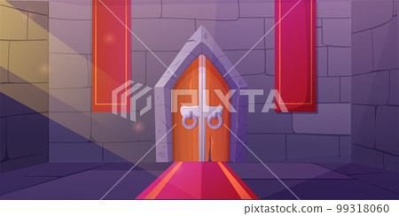 Medieval castle. Dungeon doors. Magic empty interior. Game building. Brick house. Old fairytale stone decoration. Wood and iron doorway. Red carpet and flags. Vector illustration recent background Medieval castle. Dungeon doors. Magic empty interior. Game building. Brick house. Old fairytale stone decoration. Wood and iron doorway. Red carpet and flags. Vector illustration recent background 99318060