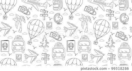 Doodle travel pattern. Summer sea vacation. Wallpaper thin line icons. Hand drawn cute marine sketch. Funny pencil symbols. Journey by plane and car van. Photo and palm. Vector seamless recent texture Doodle travel pattern. Summer sea vacation. Wallpaper thin line icons. Hand drawn cute marine sketch. Funny pencil symbols. Journey by plane and car van. Photo and palm. Vector seamless recent texture 99318286