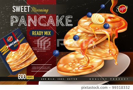 Pancake banner, waffle with syrup and blueberry, food ad template. Snack menu with honey and butter, plate with delicious fluffy baking. Packaging product and advertising. Vector realistic exact 3d 99318332