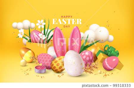 3D easter eggs, spring greeting. Wallpaper with flowers, clouds and bunny ears. Abstract summer paper, nature frame. Web banner template. Isolated cute render elements. Vector realistic exact concept 99318333