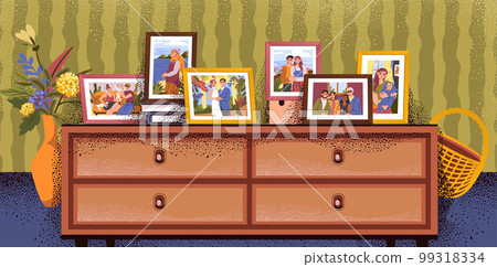 Photo frames. Family portraits. Happy parents with child and granny. Pictures on commode. Couple wedding. Home interior. Husband and wife snapshots. Photography frameworks. Vector exact illustration 99318334