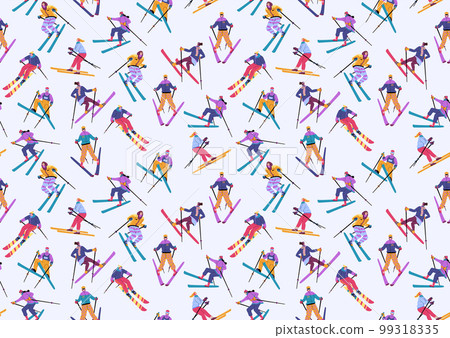 Snowy skiers, outdoor ski pattern. Winter slope, seasonal texture for wallpaper, wrapping paper for gifts. Young men and woman extreme cold season activity, texture. Vector seamless exact background 99318335