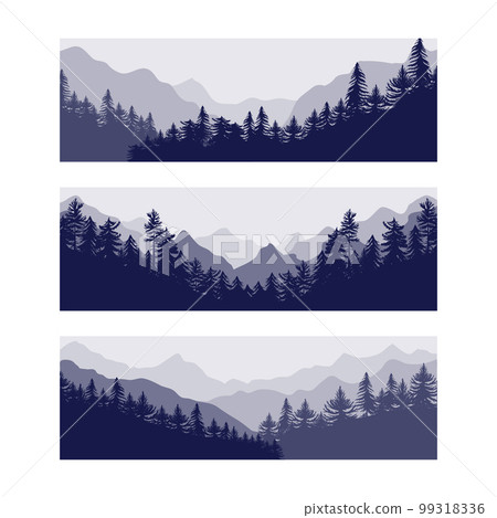 Forest. Pine trees silhouette, mountains simple shades. Horizon landscape with fir woods, route for adventures. Natural woodland, evergreen coniferous plants panorama. Vector banner garish background 99318336
