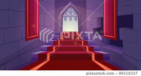 Brick castle wall. Dungeon stairs. Medieval interior with window and arch gate. Vintage wood house. Computer game architecture. Red carpet or flag. Magic empty interior. Vector cartoon recent backdrop 99318337