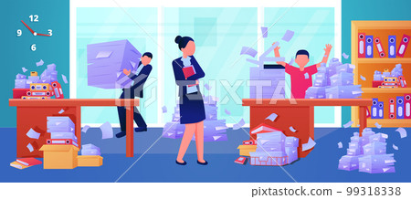 Office bureaucracy. Document pile. Paper work problems in company. Busy or late. Workaholic employees carry sheets and folders stacks. Photocopy printer. Vector illustration recent paperwork concept 99318338