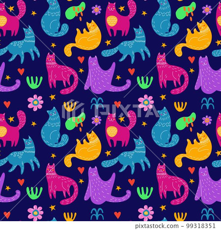Cute cat pattern, scandinavian animals. Kids style tiger, childish hand drawing, funky art print, brush ornament. Decor textile, wrapping paper, wallpaper design. Vector seamless tidy illustration 99318351