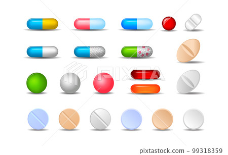 Tablet set, pill and drug vitamin icons. Color medical antibiotics, different round prescription doses, pharmacy collection, cure realistic isolated elements. Vector cartoon current illustration Tablet set, pill and drug vitamin icons. Color medical antibiotics, different round prescription doses, pharmacy collection, cure realistic isolated elements. Vector cartoon current illustration 99318359
