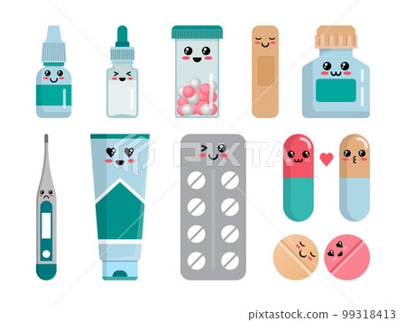 Medicine pills set, antibiotics and drug funny characters. Pharmacy mascot, medical tablets, vitamins in capsule, aspirin in container and blisters. Vector cartoon flat isolated current illustration 99318413