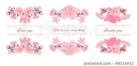 Cherry blossom flower bouquet romantic flat set. Love lettering vintage border divider element greeting card sticker tattoo holiday decor ads valentine gift delicate pink bunch sakura spring isolated Cherry blossom flower bouquet romantic flat set. Love lettering vintage border divider element greeting card sticker tattoo holiday decor ads valentine gift delicate pink bunch sakura spring isolated 99318432