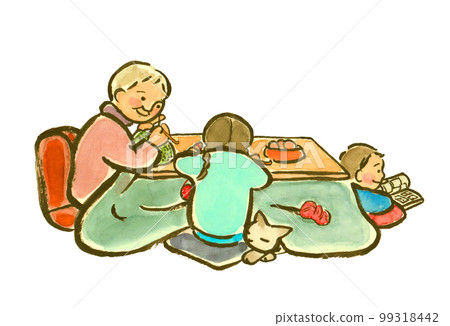 Grandma and grandchildren relaxing under a kotatsu 99318442