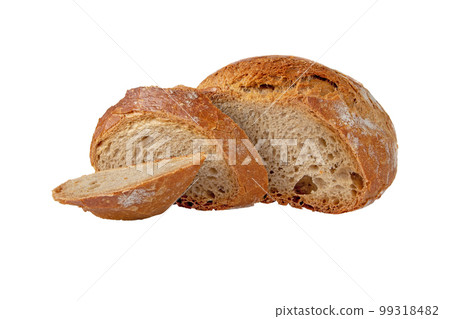 Rye and wheat bread loaf and slices isolated on white Rye and wheat bread loaf and slices isolated on white 99318482